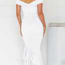 GOBLES Women's Sexy Off The Shoulder Slim Fitting Ruffle Buttom Ruched Bodycon Midi Party Dress (White, M)