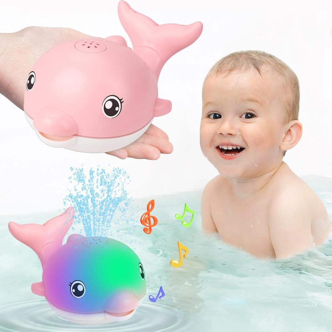 Baby Bath Toys, 2025 Upgraded Magnetic Charging Toddler Bath Toys for Kids Ages 1-3, Light Up Dolphin Bath Toy Sprinkler, Birthday Gifts Infant Baby Toys 6-12-18 Months- Pink