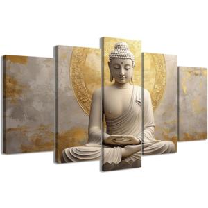 CCWACPP 5 Piece Buddha Canvas Wall Art Buddha Statue Painting Prints Large Zen Wall Decor for Living Room Bedroom Meditation Yoga Room Home Decor Framed (8"x14"x2 8"x18"x2 8"x22"x1) (Gold)