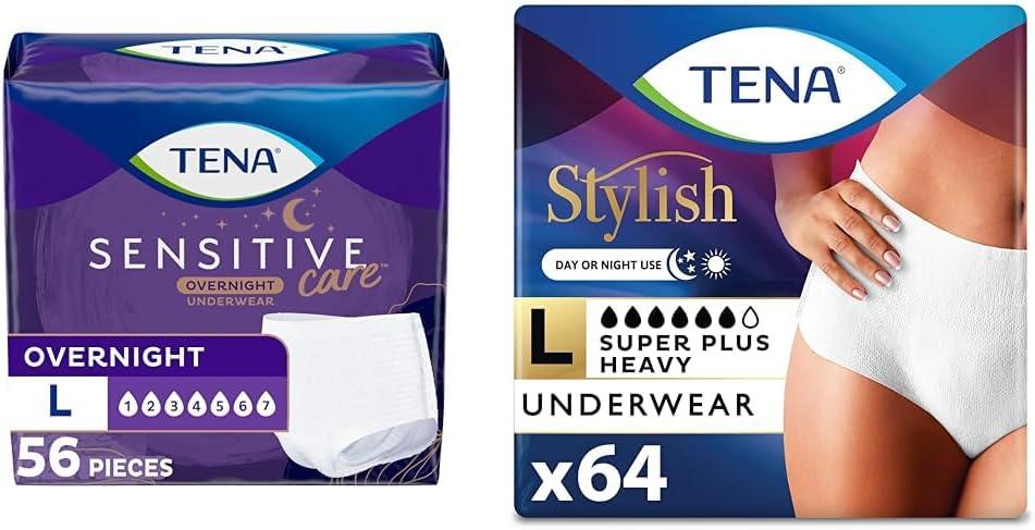 TENA Incontinence Underwear for Women, Overnight Absorbency, Intimates - Large - 56 Count & Incontinence & Postpartum Underwear for Women, Super Plus Absorbency - X-Large - 64 Count