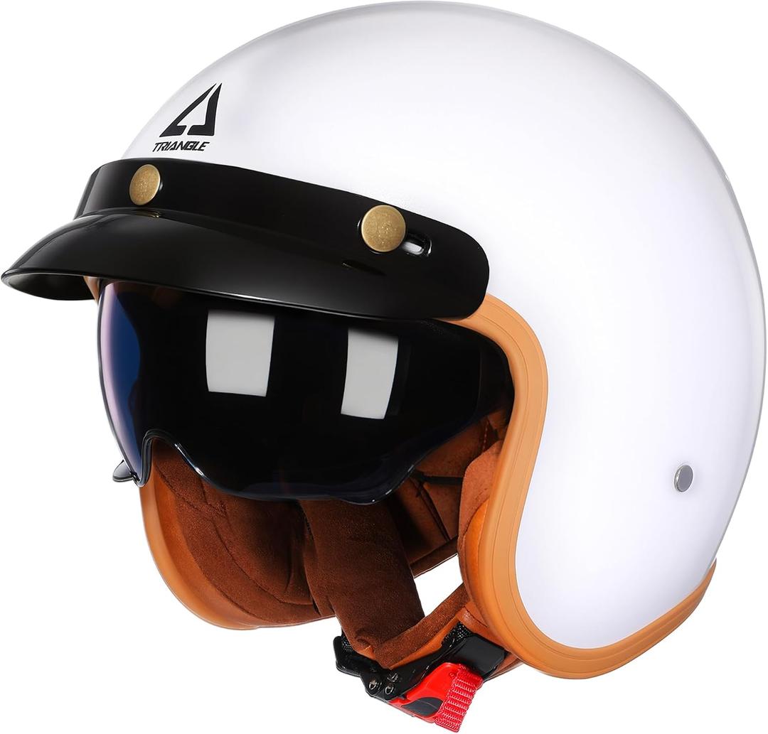 TRIANGLE 3/4 Open Face Motorcycle Helmet, DOT Approved Retro Half Helmet with Sun Visor for Men & Women, Scooter Motorbike Moped Casco, Vintage Jet Style for Cruiser, Glossy White, XX-Large 