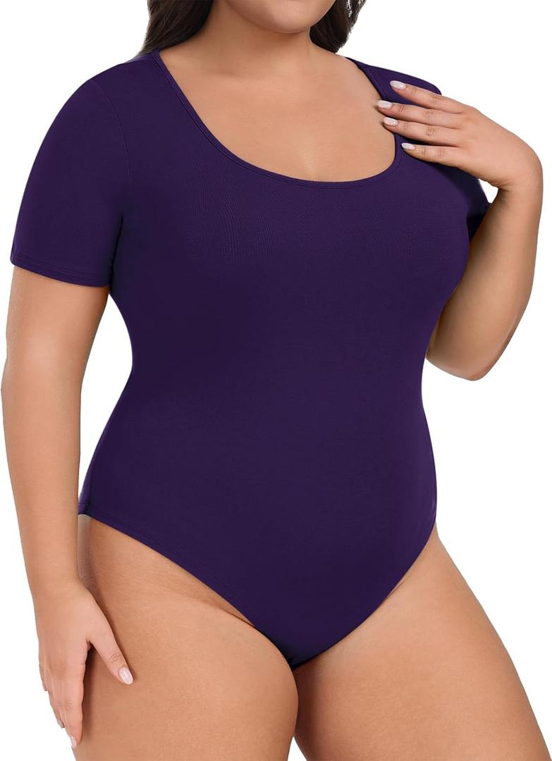 Lastshe Women Plus Size Bodysuit Short Sleeve Scoop Neck Casual Slim Fit Stretchy Bodysuits (Purple, XXL)
