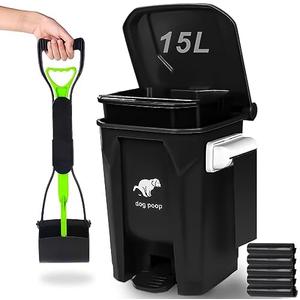 Uppcasir Dog Poop Trash Can Outside with Foldable Pooper Scooper, 15L/4Gallon Dog Waste Trash Can with Lid and 100 Bags, Pedal and Removable Inner Waste Bin, Black