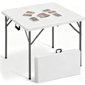 34 Inch Square Folding Card Table - Heavy Duty HDPE Plastic, Fold-in-Half Design with Carry Handle. Indoor Outdoor Portable Utility Table for Picnic, Camping, Party, Dining & Tailgating (White)