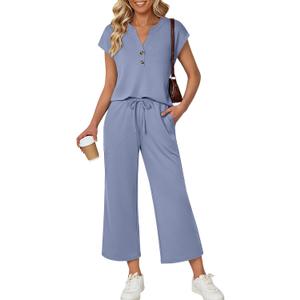 LILLUSORY Two Piece Lounge Sets for Women Spring Vacation Beach Travel Airport Outfits Casual Cruise Fashion 2026 (Blue, M)