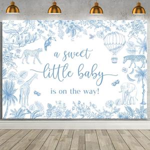 MEHOFOND 7x5ft Toile de Jouy Baby Shower Backdrop A Sweet Little Baby is on The Way Photography Background Blue Chinoiserie Baby Shower Decorations Banner Floral Animal Decorations Photo Booth Props