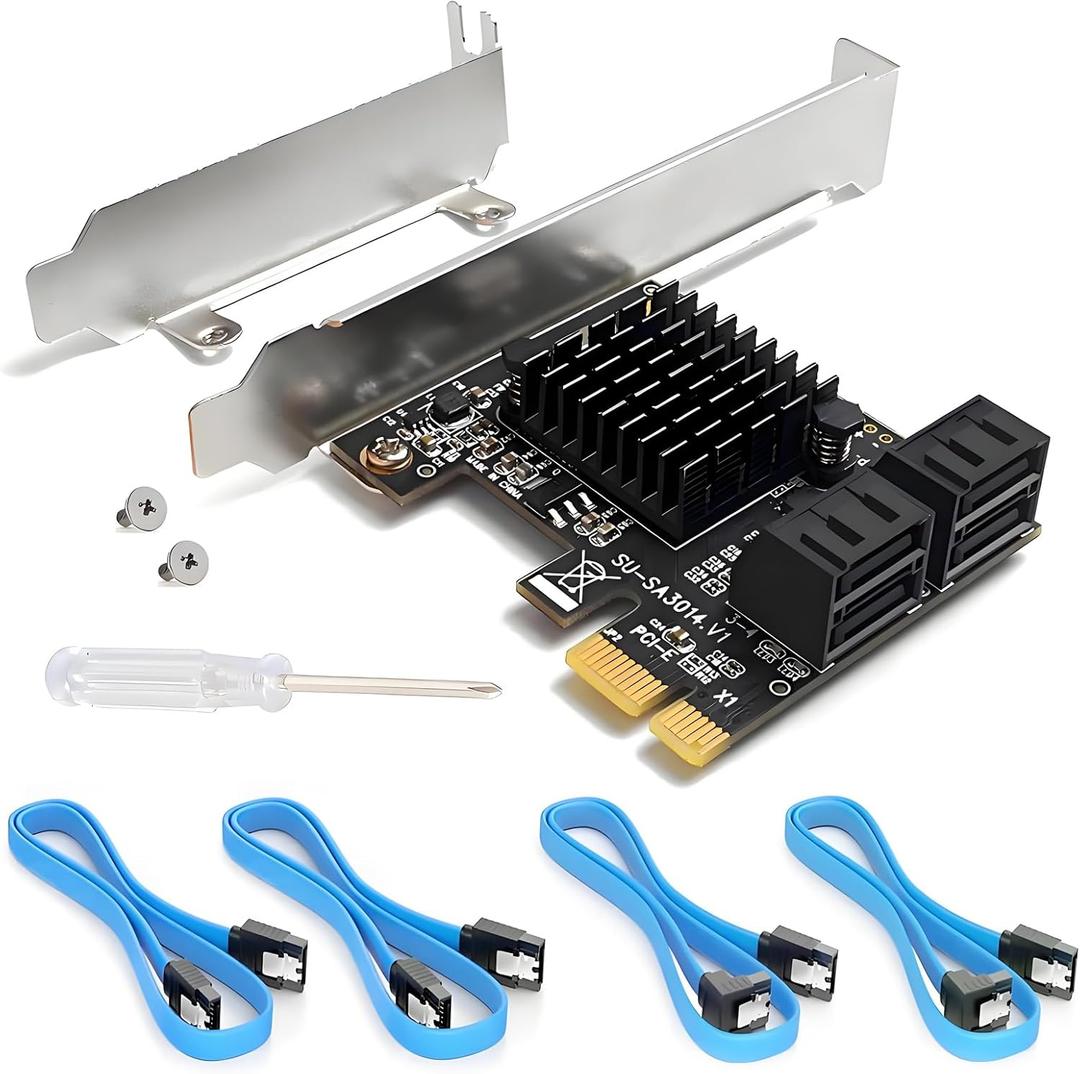 SATA Card, 6Gbps 4 Port Controller Expansion Card with 4 Cables & Low Profile Bracket, Non-Raid, Boot as System Disk, Support 4 SATA 3.0 Devices for Desktop PC & Workstation (Black)