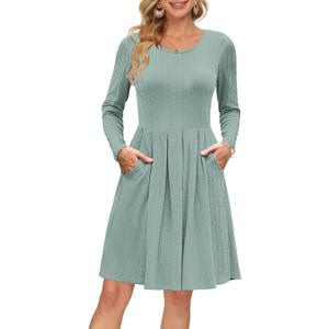 AUSELILY Long Sleeve Dress Women 2025 Crew Neck Fall Dresses Casual Knee Length Dress with Pockets (M)
