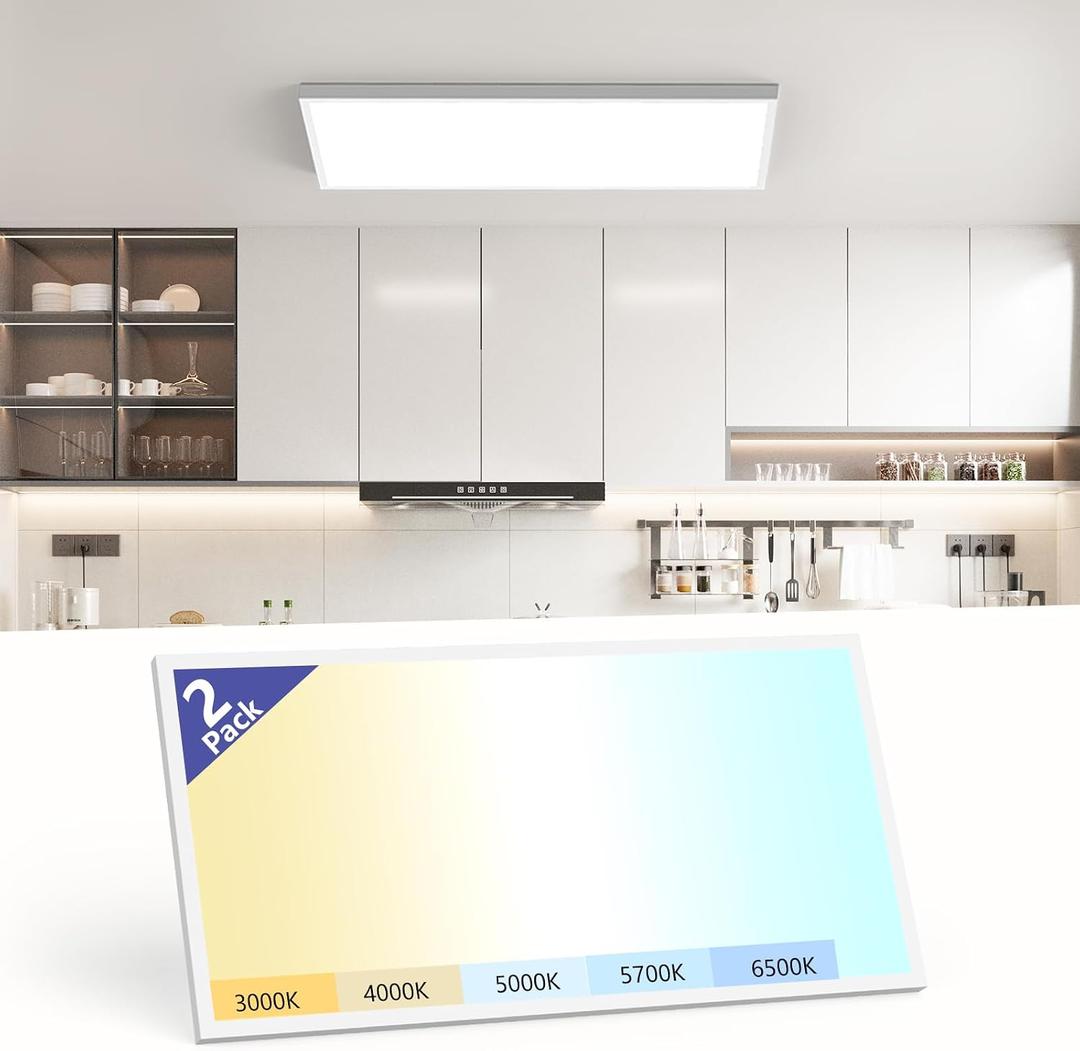 AIKVSXER 2x4 Led Flat Panel Light Surface Mount-2 Pack, 70W 7700Lm Dual Selectable 5CCT 3000K/4000K/5000K/5700K/6500K and Wattage 30-70W 0-10V Dimmable Ceiling Light Fixture for Kitchen/Laundry