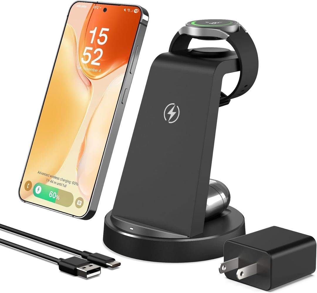 Wireless Charger for Samsung Charging Station: 3 in 1 Android Charger Stand for Samsung Galaxy Watch Ultra 8 7 6 5 Pro - Charging Dock S25 Ultra S24 S23 S22 S21 Note 20 Z Fold 6 - Galaxy Buds 3 Pro (Black)