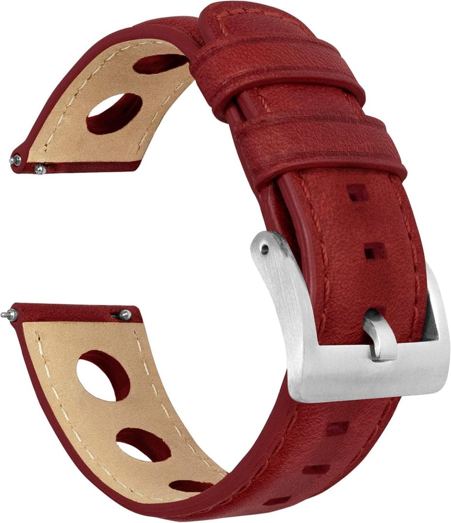 Barton Racing & Rally Horween Leather Straps with Integrated Quick Release Spring Bars - Standard Length fits Wrists 5" to 8"-18mm, 19mm, 20mm, 21mm, 22mm, 23mm & 24mm Watch Bands - Choose Strap Color & Width (Crimson Red (Rally Style))