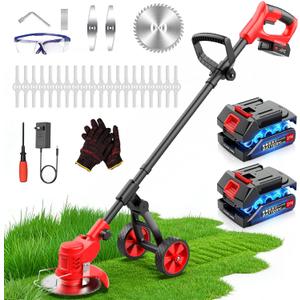 Cordless Weed Wacker with Wheels, 650W Electric Weed Trimmer, 2x2.0Ah 21V Battery Powered, 3 Types Blades Weed Eater Brush Cutter, String Trimmer Lawn Mower Edger Tool for Garden Yard