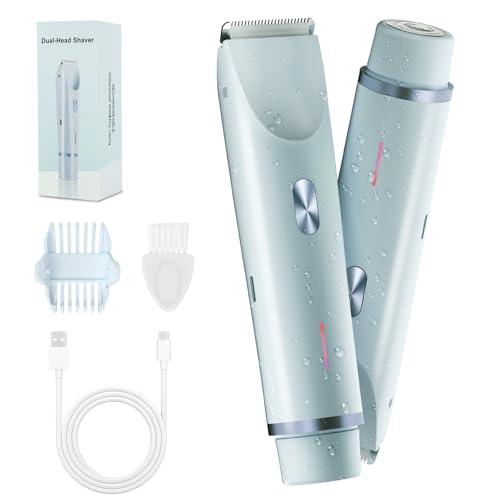 2-in-1 Bikini Trimmer for Women, Bikini Shaver with Dual Heads, Body and Facial Hair Removal, Rechargeable Cordless Electric Razors for Face Chin Pubic Underarm Legs, IPX7 Waterproof, Blue