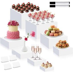 Blosssound 8 Pieces White Acrylic Risers with 8 Signage 2 Markers, 3-10 Inch Cube Nesting Risers Display Stands with Hollow Bottoms for Buffet Table Catering Dessert Food Collectibles Show