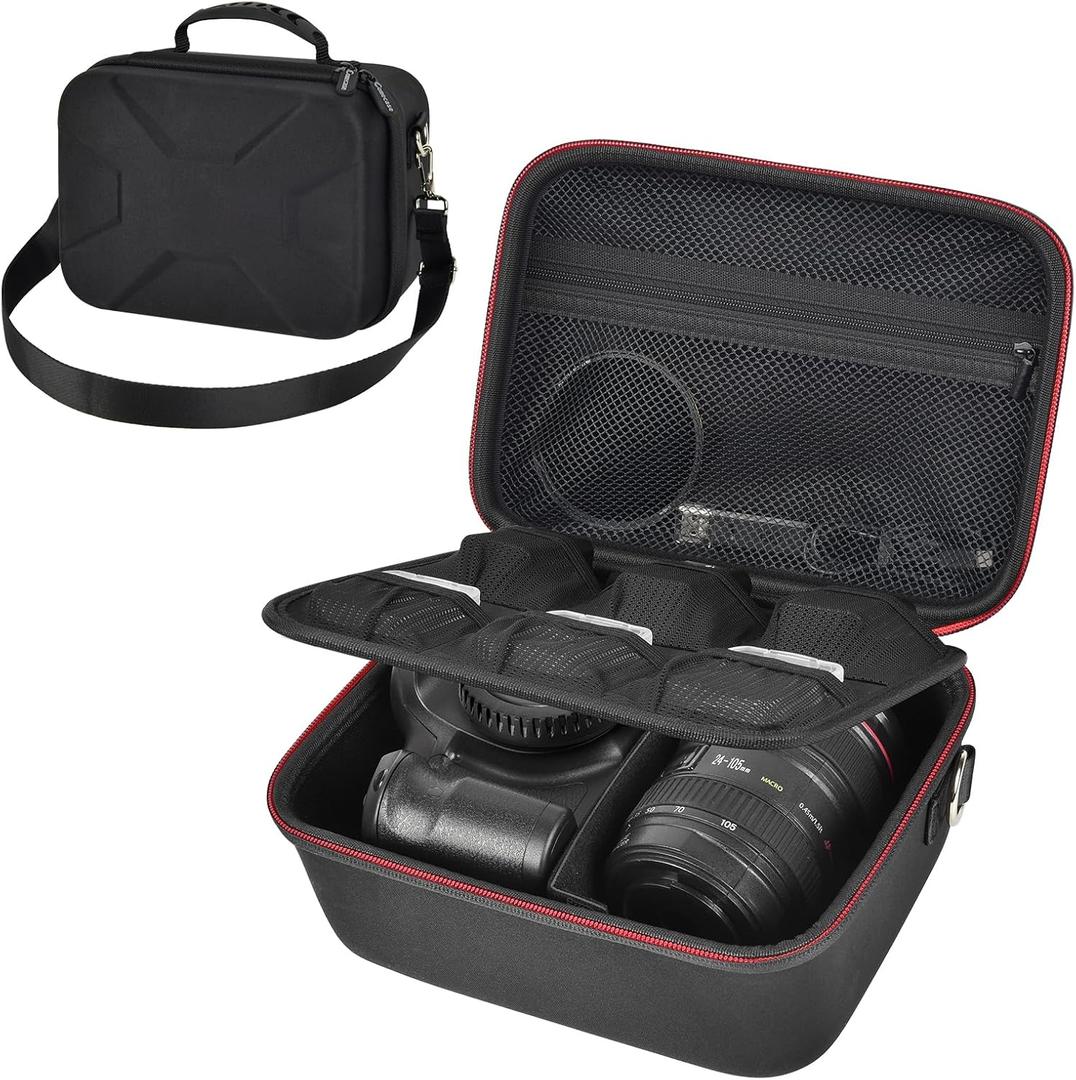 Hard Camera Case for Canon EOS Rebel T7 R50 R100 R10 R5 R6 R8 Mark II, DSLR Mirrorless Camera Bag with 6 Slots &Adjustable Divider for Lens and Accessories, Travel Storage, Black/Red Zipper