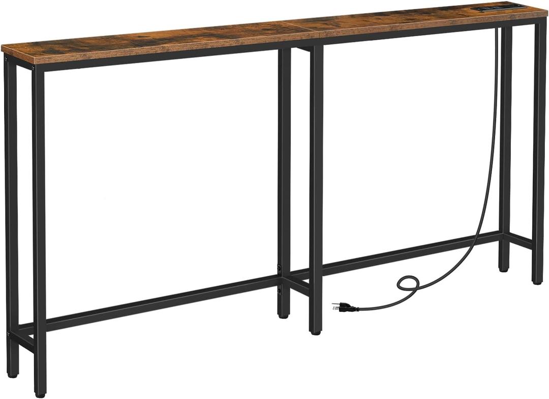 HOOBRO 63" Narrow Console Table with Charging Station, 5.9" Sofa Table with 2 Power Outlets and USB Ports, Long Entryway Tables Behind Couch Table, for Hallway, Living Room, Rustic Brown BF165UXG01