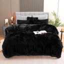 Fluffy Plush Black Duvet Cover Set King Size, Luxury Ultra Soft Velvet Fuzzy Comforter Cover Bed Sets 4Pcs(1 Faux Fur Duvet Cover + 2 Pillow Cases + 1 Pillow Cover) Zipper Closure (King, Black)