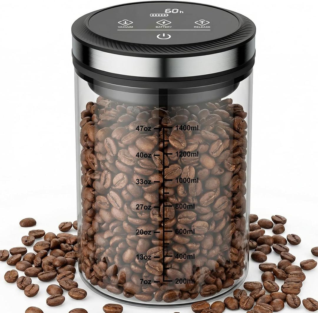 Vacuum Coffee Canister, Airtight Coffee Container with Graduated Scale and Vacuum Duration Display. Features Transparent Borosilicate Glass Construction and a 1.6L Large Capacity