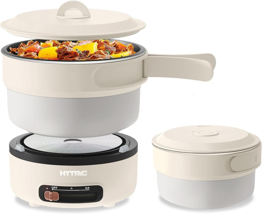 HYTRIC Electric Cooker, 2L Portable Electric Cooker with Foldable Handle, Non-Stick Electric Cooker with Dual Power Control for Camp, Dorm, Multi-Function Ramen Cooker for Oatmeal, Steak, Pasta