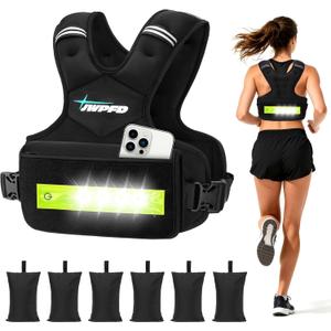 Adjustable Weighted Vest for Women Men, 6-15 Lbs/12-18 Lbs Rucking Vest with LED Light Strips, Weight Vest with 6 Ironsand Weights, and Zipper Pocket for Strength Training, Walking, Running (Black)