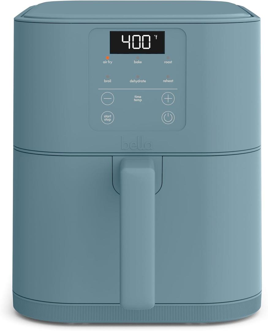 bella 6 Qt Slim Air Fryer, Fits-anywhere Kitchenware, EverGood Ceramic Nonstick Coating, Adjustable Temperature, 6 Preset Cooking Options, 60 Min Auto Shutoff w Audible Tone, 5lb Capacity, Surf