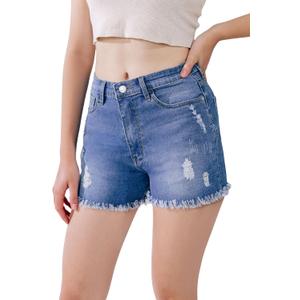 high Waisted Jean Shorts Women Stretchy Womens Jean Shorts, Frayed Hem, Comfy fit,Ripped Denim Shorts, Soft Denim (Blue, L)