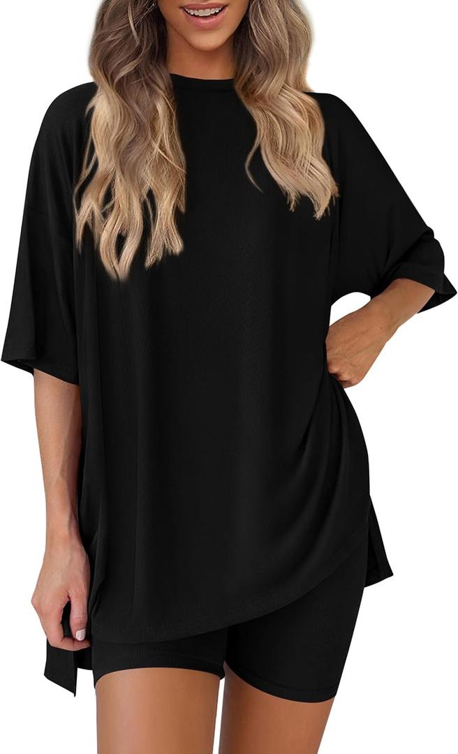 PRETTYGARDEN Women's Two Piece Lounge Set 2025 Summer Casual Oversized Shirts Biker Shorts Matching Airport Travel Outfit (Large, Black)