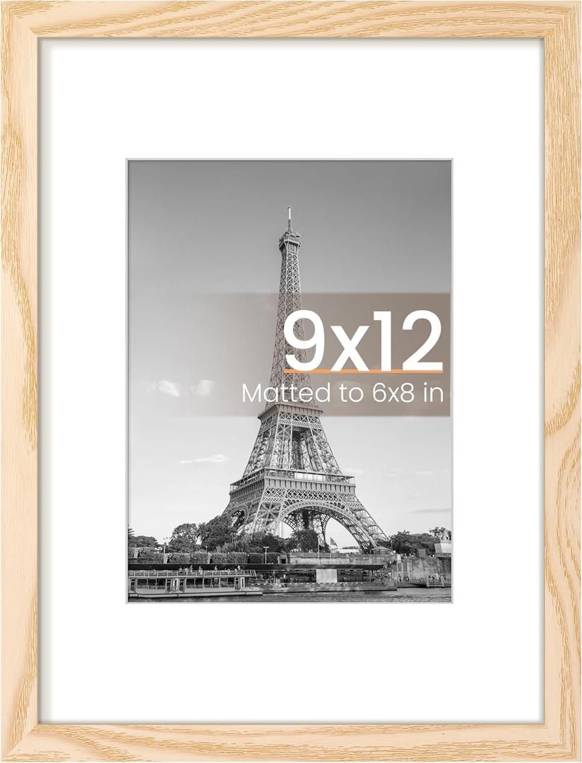 Upsimples 9x12 Picture Frame, Display Pictures 6x8 with Mat or 9 x 12 Without, Wall Hanging Photo Frames, Natural, 1 Pack