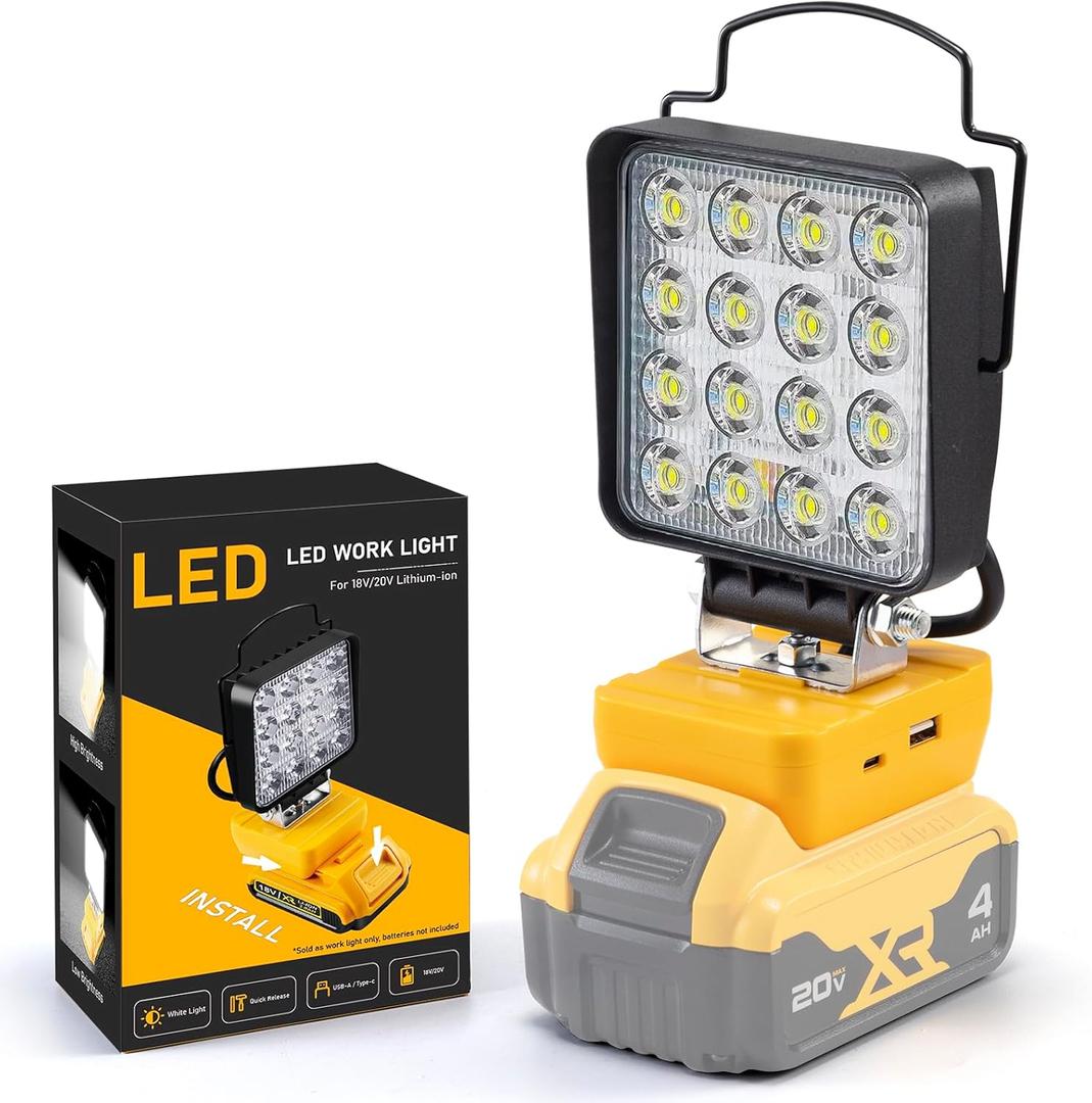 Cordless 20V Max LED Work Light for DeWalt Batteries &Tools - 48W 4800LM Portable Battery Powered Flood Light with Low Voltage Protection, Flashlight with USB Type-C Charging Port for Outdoor Lighting