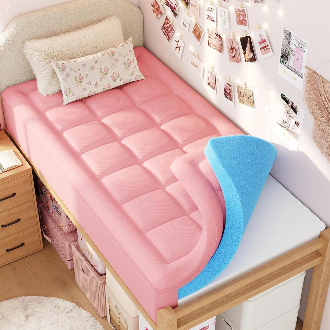 ELEMUSE Twin XL Dorm Dual Layer 3 Inch Memory Foam Mattress Topper | College Essentials for Girls Pink, 2 Inch Cooling Gel Foam with 2 Inch Plush PillowTop, Relief Comfortable Support