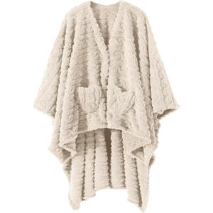 Wearable Blanket Poncho Cape Wrap for Adult, Cozy Sherpa Fleece Pocketed Shawl TV Throw Blankets for Office and Lounge(Ivory,58'' x 64'')