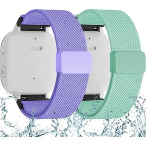 2 Pack Splash-Proof Stretchy Nylon Watch Bands Compatible with Gizmo Watch 3 2 1/Gabb Watch 3e 3 2 1/SyncUP Watch 2 1/Cosmo JrTrack 5, 20mm Soft Replacement Strap with Magnetic Buckle Kids Boys Girls (Purple+MintGreen)