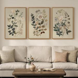 Framed Vintage Botanical Wall Art for Living Room, 3 Piece Neutral Floral Canvas Artwork for Modern Farmhouse Walls, Rustic Green Flower Painting Prints for Bedroom Office Kitchen Wall Decor, 20x30