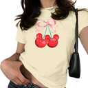 Pink Bow Cherries Shirt Women: Coquette Tops Clean Girl Aesthetic Shirts Casual Summer Short Sleeve Tshirt, Small