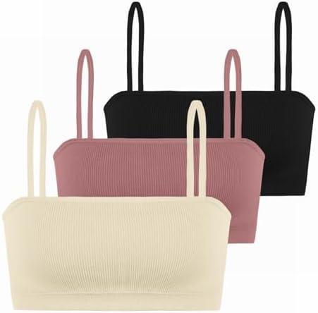 INIBUD Sports Bras for Women Bandeau Padded Ribbed Bralette Adjustable Strap Workout Square Neck Seamless Crop Top Backless M