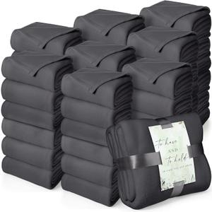 Buryeah 48 Pack Oeko-tex Certified Wedding Flannel Throw Blanket Bulk 50 x 60 Inch Soft Fleece Lap Blanket with Thank You Cards Ribbon for Guests Sleepover Spa Slumber Favors Gifts (Dark Gray)