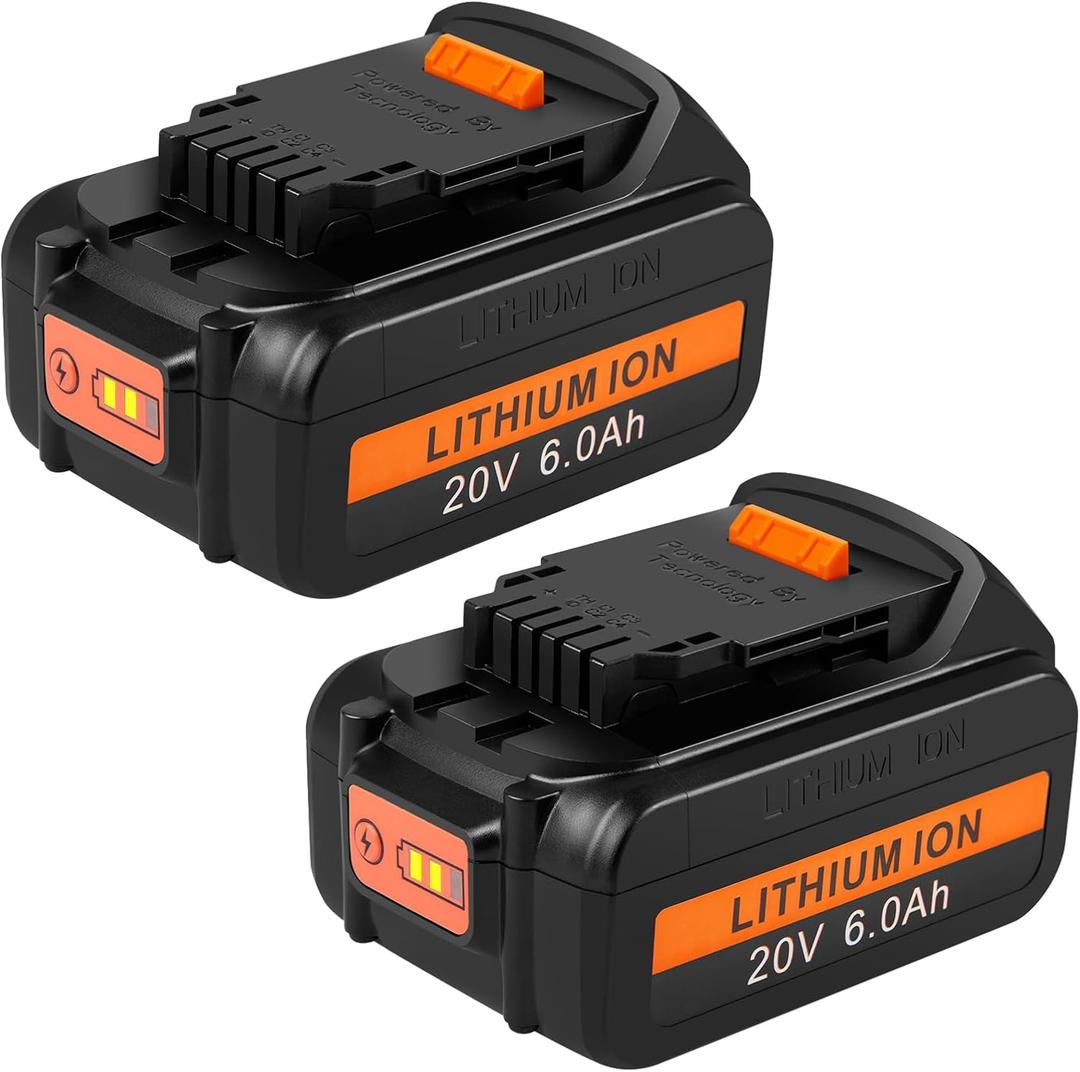 6Ah 20V MAX Battery: Replacement for Dewalt 20 Volt MAX XR Lithium ion Battery DCB206 DCB206-2 DCB205 DCB207 Compatible with Dewalt 20V Tools - 2 Pack 6.0Ah