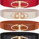 WERFORU Women Thin Elastic Belts,Skinny Stretch Vintage Fashion Waistband for Dress with Gold Buckle 4 Pack (S:Fit Size 25"-30", Black+brown+beige+red)