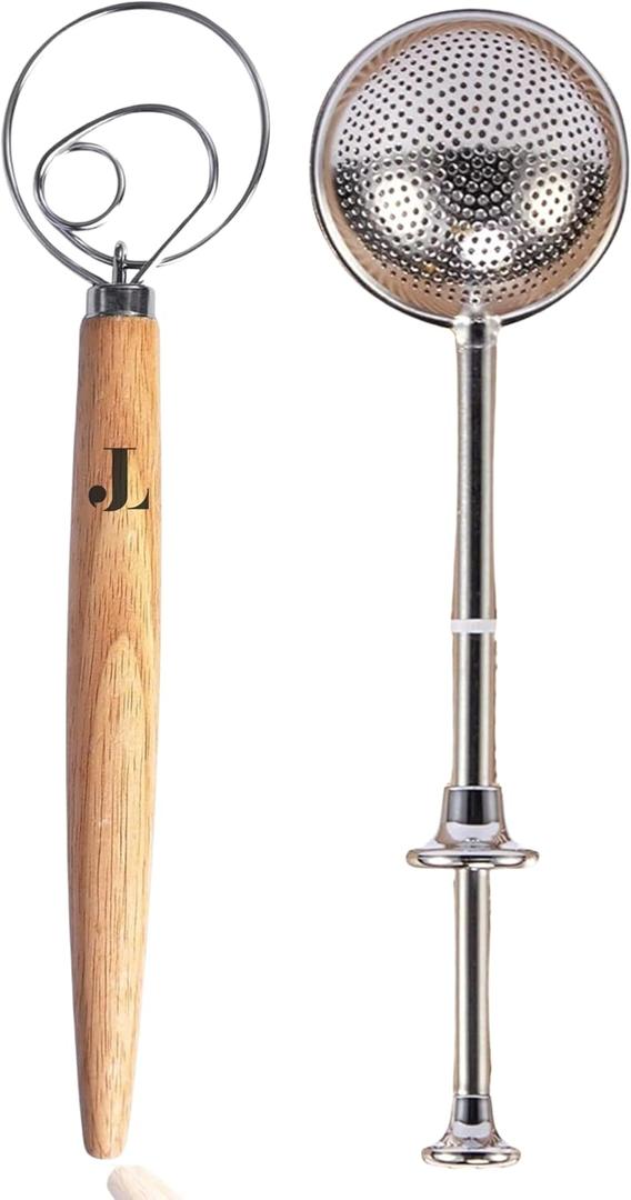 Introducing The Danish Dough Whisk & Scoop & Dust Flour Sifter Bread Making Tools Set: An Artisan Sourdough Bread Whisk With Flour Wand For Powdered Sugar Dusting (2pcs Set)