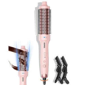 Thermal Brush for Blowout Look, 360 Airflow Heated Round Brush with 2 Negative Ions Release for Less Frizzy, 1.5 Inch Dual Voltage Heated Curling Brush for Travel, Dual PTC Heating Technology, Pink
