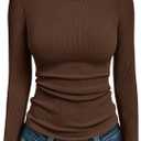 AUTOMET Women's Ribbed Long Sleeve Basic Top - Soft Stretch Crewneck Shirt for Work & Casual (Brown, M)