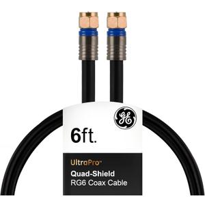 GE RG6 Coaxial Cable, 6 ft. F-Type Connectors, Quad Shielded Coax Cable, 3 GHz Digital, in-Wall Rated, Ideal for TV Antenna, DVR, VCR, Satellite, Cable Box, Home Theater, Black, 33528