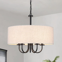 5 Lights Drum Chandelier for Dining Room 19" Modern Farmhouse Black Chandeliers with Shades Round Pendant Light Fixtures Linen Hanging Chandeliers for Bedroom Living Room Kitchen Over Table Foyer