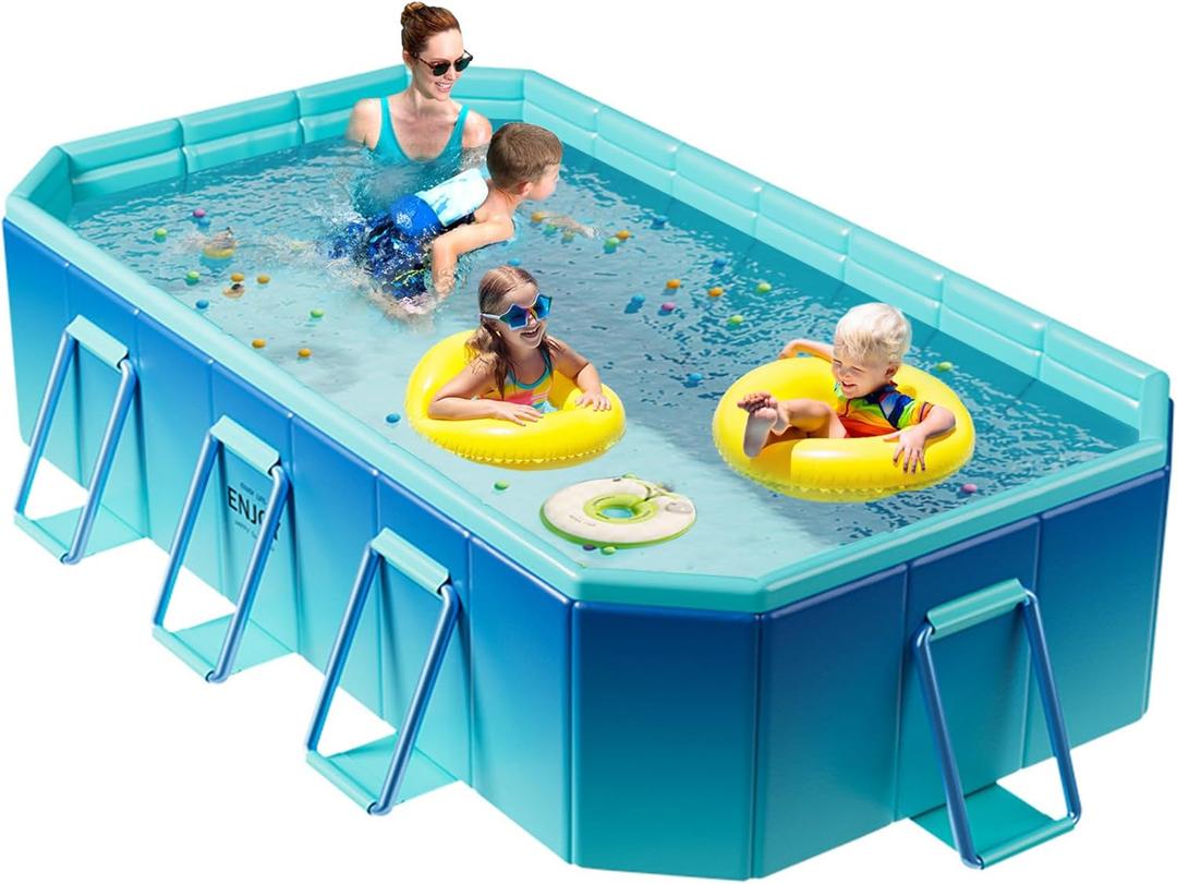 OTIIPOR Foldable Pool, Non-Inflatable Swimming Pool for Kids, Adults and Pets, 116" × 65" × 21" Large Portable Kids Pool with Sturdy Metal Bracket for Outdoor Backyard Garden - Blue