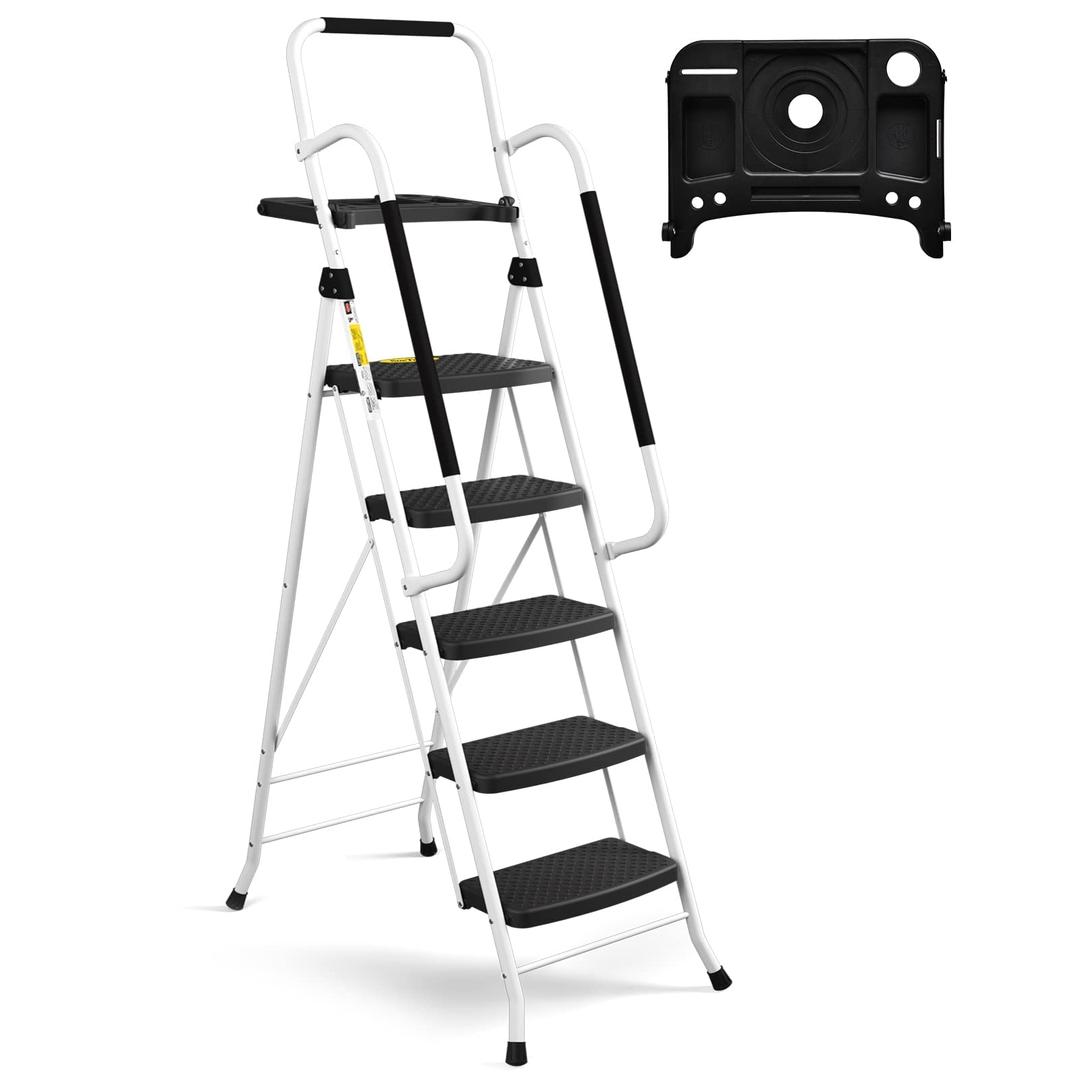 HBTower Step Ladder, Folding Step Stool with Wide Anti-Slip Pedal, Sturdy Steel Ladder, Convenient Handrail, Lightweight, Portable Steel Step Stool (White)