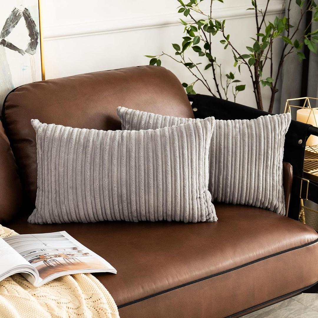 UGASA Pack of 2, Velvet Pillow Covers Striped, Soft Textured Throw Cushion Case Set, Accent Corduroy Lumbar Pillowcases with Hidden Zipper for Home Decor Indoor Outdoor (12"x20", Light Grey)