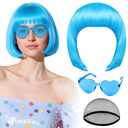 PLULON Blue Bob Wig with Heart Sunglasses and Hair Cap for Women, Short Bob Wigs Synthetic Colored Funny Cosplay Hairieces for Women Men Daily Bachelorette Halloween Costume Party Decorations