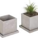 MyGift 5-Inch Square Light Gray Cement Plant Pot with Drainage, Small Flower Succulent Planters with Removable Saucer Trays, Set of 2