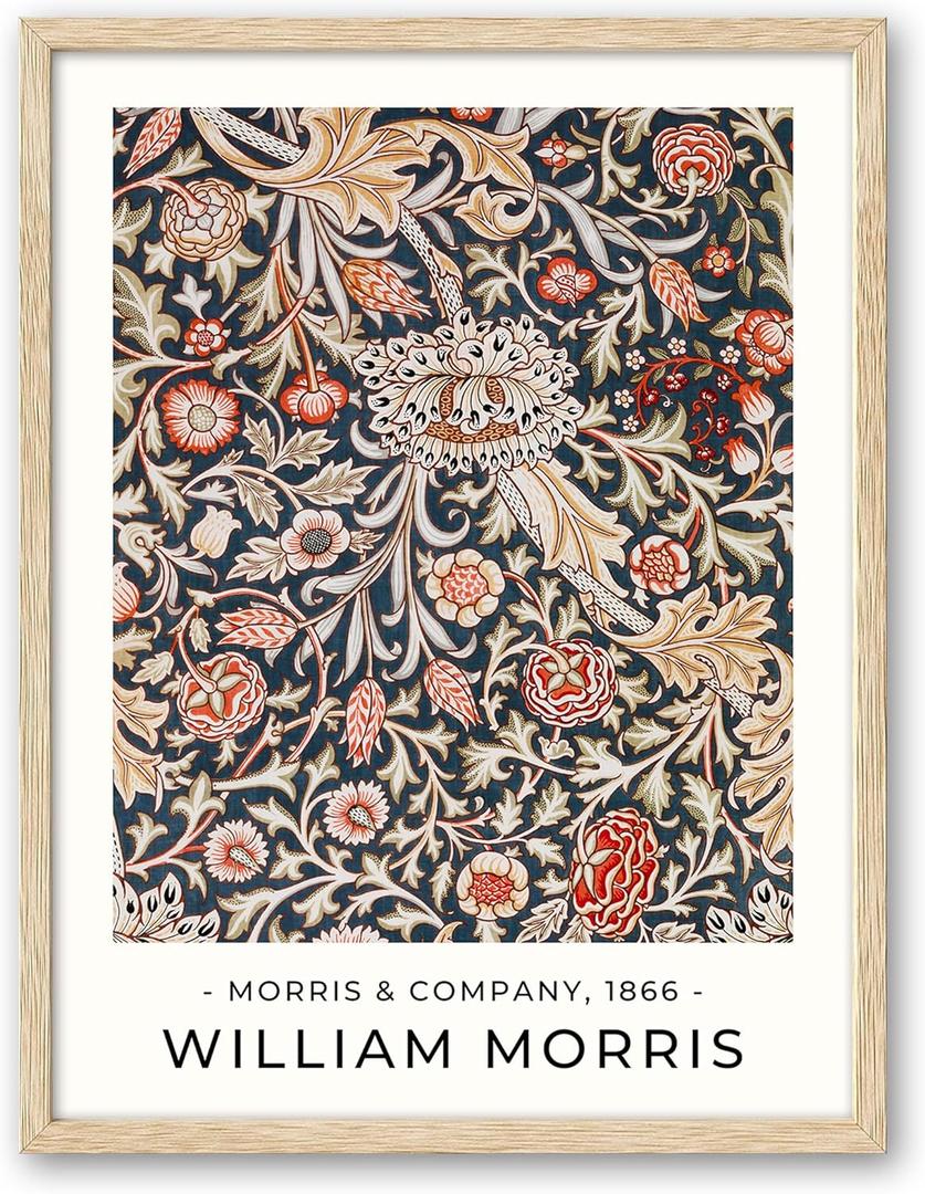 HesenDot William Morris Red Floral Framed Wall Art,12x16in Botanical Canvas Print, Vintage Aesthetic Flowers Poster for Living Room Bedroom Home, Set of 1
