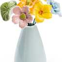 Handmade Ceramic Flowers, A Set of Porcelain Artificial Flower Leaf w/A Blue Vase for Living Room, Bedroom, Office Decor. No Assembly Required